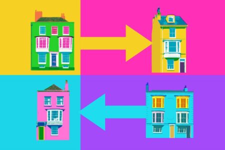 Transferring properties into companies - colourful image of houses with arrows into another house